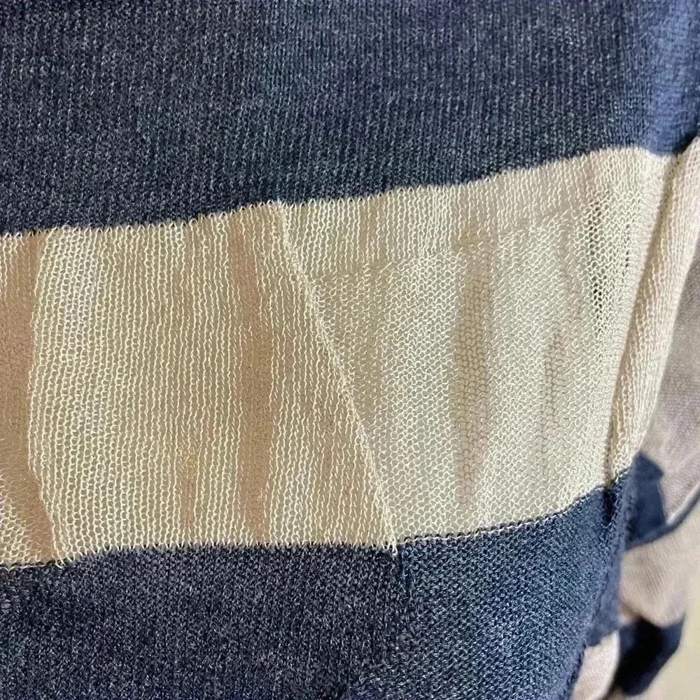 May Hsu OS (One Size) Crop Top Blue Cream Stripe Sheer Roll Boat Neck Pleat Det